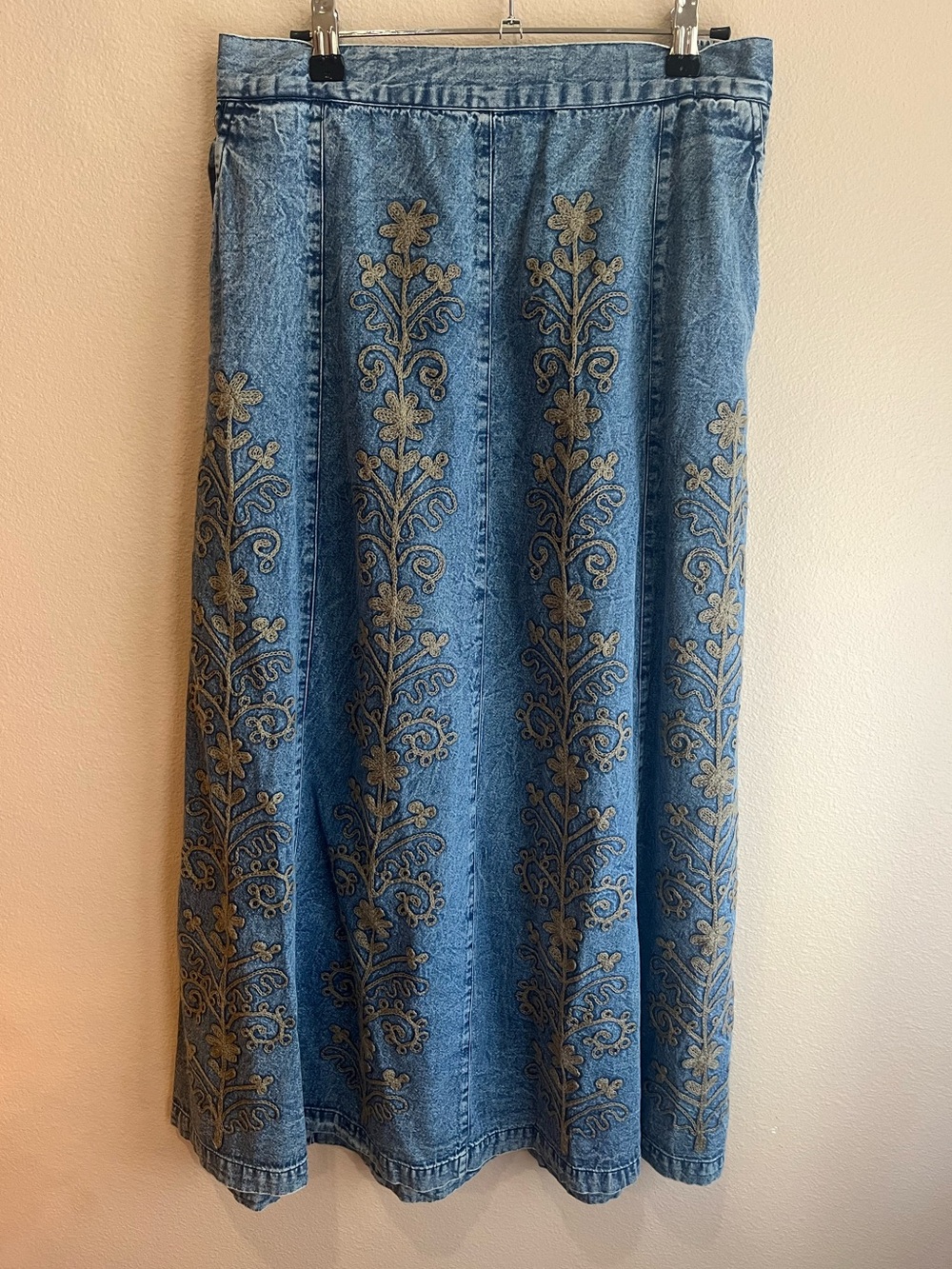 Young Threads Blue Denim Maxi Skirt with Gold Floral Embroidery